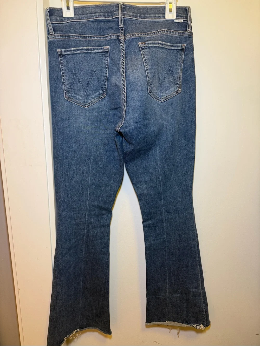 MOTHER Blue Flare Jeans with Cropped Frayed Hem
